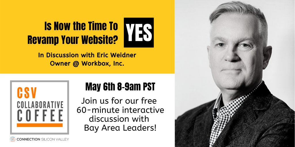 jfedeyko's tweet photo. A big question for online businesses during #COVID19 is how to make a well-built website which enhances credibility and increases traffic. @workboxsf will share tips on how to level up your existing website. Join @connectsv #CollaborativeCoffee series: 
https://t.co/5YzrpzaJwN https://t.co/dklouQo5O0