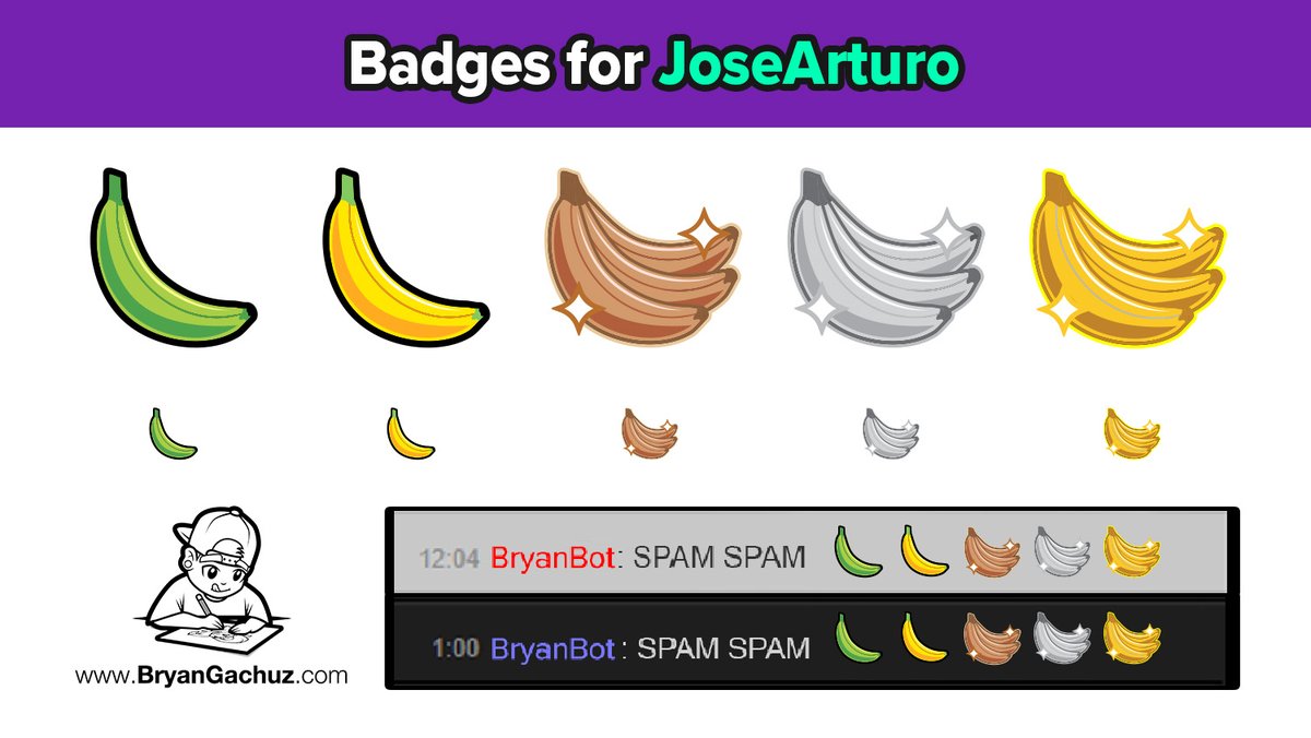bgachz's tweet photo. Here are some emotes and badges I did! Pepe style monkey emotes and banana badges!
Want to take your stream to the next level? My commissions are open! DM me or email me!
#twitchemotes #emotes #streamergraphics #monkeyemotes #badges #twitchartist #twitchstreamer #TwitchAffilate https://t.co/V9xVJgzWlh