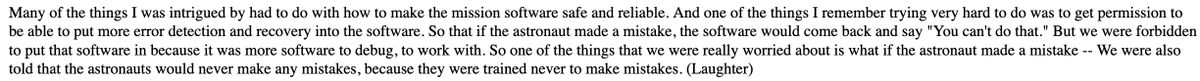 so that the mission could proceed safely.  @NASA overruled some of her safety-focused requests because "the astronauts would not make any mistakes." Hamilton often brought her young daughter to work. One night the girl crashed the simulator by launching a prelaunch program. 5/8