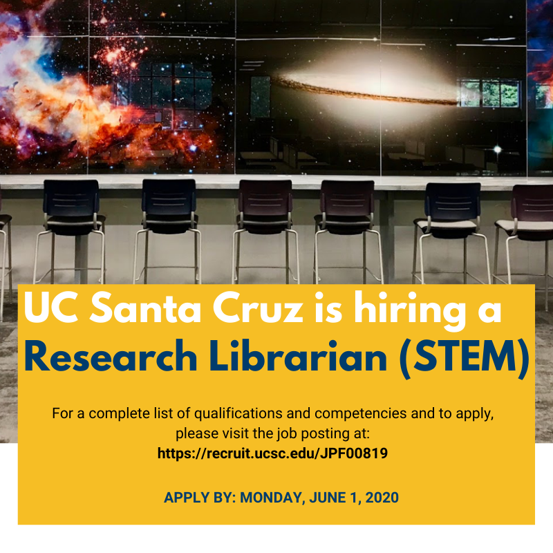 UCSCLibrary's tweet photo. The UCSC Library is Hiring! Apply at https://t.co/Atco6JjDTN #sciencelibrarianship #openscience #STEMlibrarian https://t.co/IwgATH1jWJ