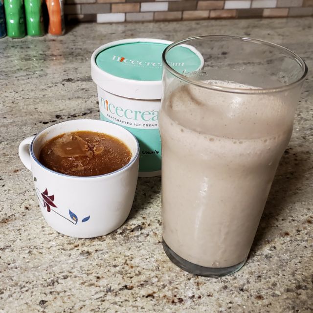 Nightly tea timeChai shakeThis was an experiment. I had extra masala chai from earlier and froze it. I then blended the frozen chai, ice cream (vanilla with chocolate pieces), and almond milk. It turned out quite good! Ice cream does a lot, but the masala chai flavor is clear