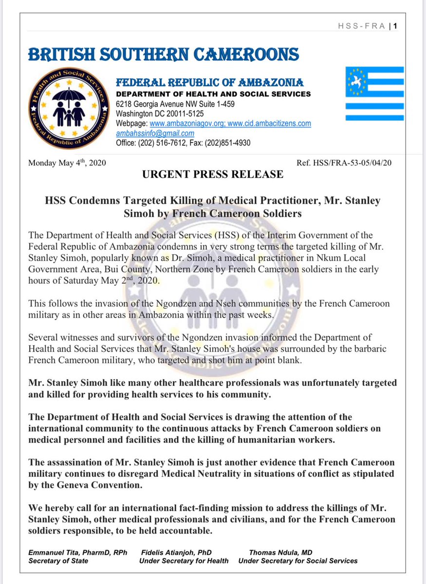 AbcAmbaTV's tweet photo. HSS Condemns Targeted Killing of Mr. Stanley Simoh by #CameroonMilitary.

His execution is evidence that #FrenchCameroun's military continues to disregard Medical Neutrality in situations of conflict as stipulated by the Geneva Convention.
@WHO @ICRC_Africa @unicefcameroon https://t.co/ocRmb4tz2A