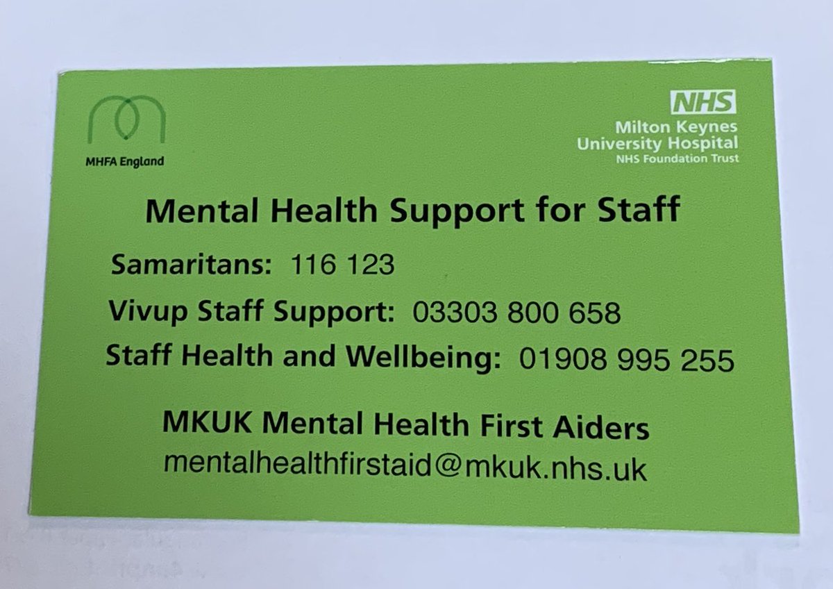 staff_wellbeing's tweet photo. The new MH support pocket card is now available for all staff @MKHospital     
and will be delivered to wards/ departments shortly. Our aim is to make sure all staff have important numbers to hand should they need them. https://t.co/jqMz769uyr