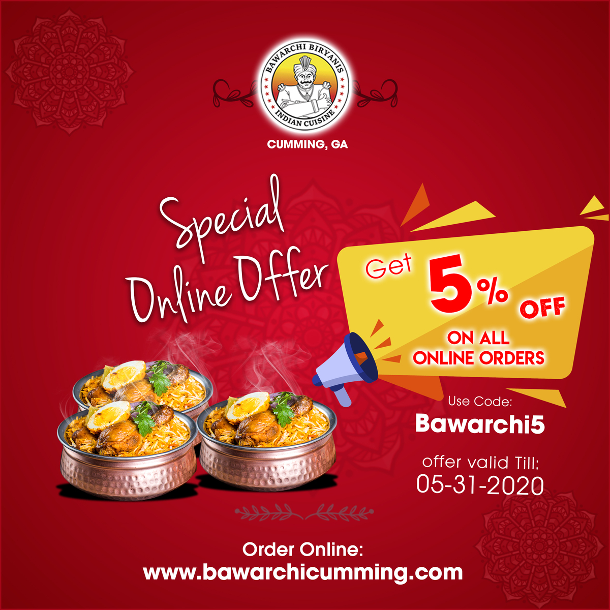 Realize your foodie Dreams with Bawarchi Biryanis - Cumming, GA😍😍

Order Online📲: bit.ly/bawarchicumming

#BawarchiCumming #BawarchiBiryanis #SouthIndianRestaurant #AndhraSpecialBiryani #OrderOnline #Muttonliver #yummy #dinner #foodies #orderonlie #specialoffer #indiancuisine