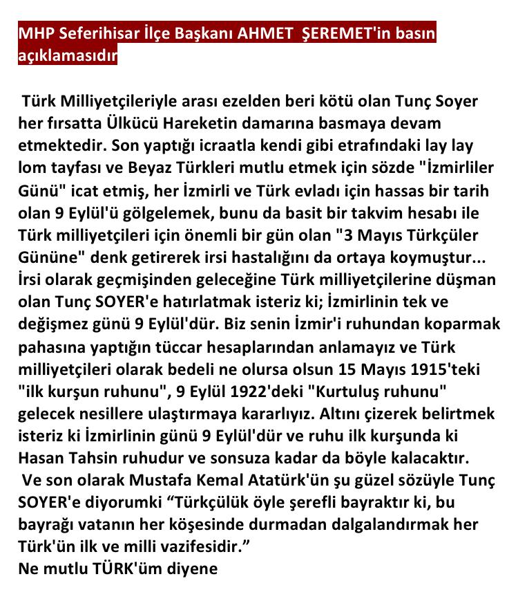 MHP Seferihisar İlçe Başkanı AHMET ŞEREMET'in basın açıklamasıdır. <a href="/MhpSeferihisar/">MHP SEFERİHİSAR</a>