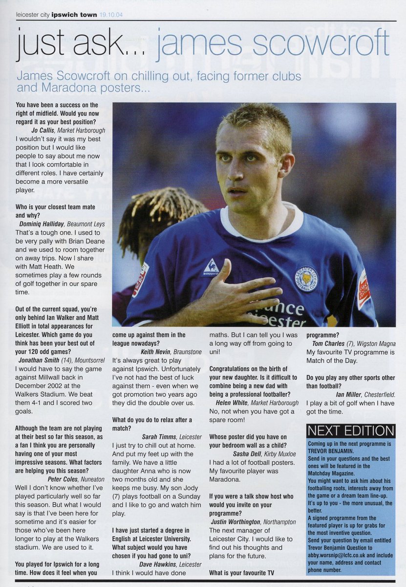 LCFCprogs's tweet photo. 1/4
19th Oct 2004
#LCFC v #ITFC – Ex-Town man @scowy1975 on the cover; #MickyAdams has gone, ‘Arry’s back, he’s poured cold water on the pitch blessing idea; #Scowy is keen to know the new manager’s thoughts and plans – he’s loaned back to #Ipswich after Christmas… https://t.co/gba1jSFqf1