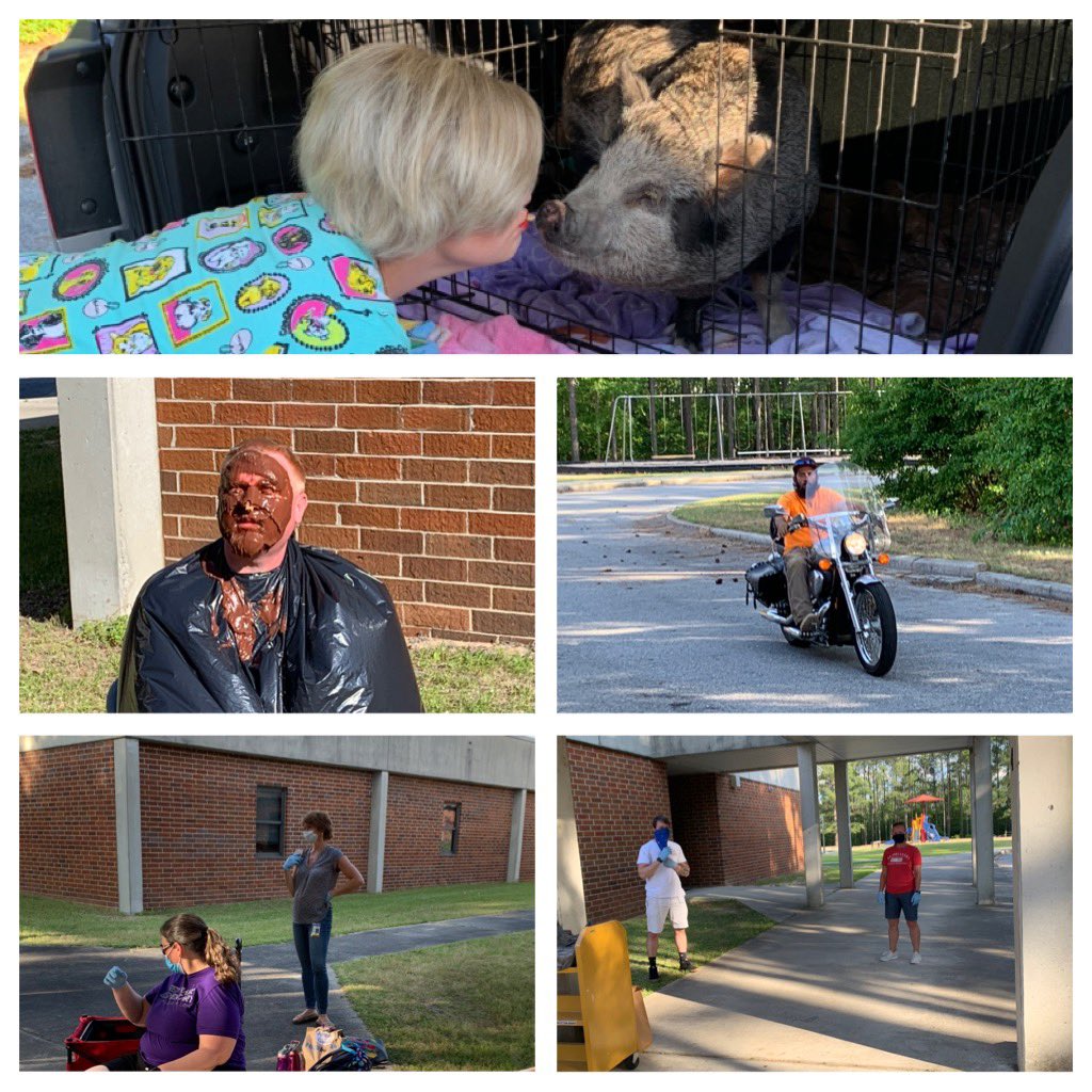 Long packet pick up day! Social distancing, masks, gloves, parents picking up on motorcycles! Mrs. Ricard kissed a pig as promised for Polar Plunge and Mr. Kimpton got pied for Relay for Life! <a href="/LexingtonOne/">Lexington County School District One</a> @GLittle_Lex1 <a href="/ricardbd/">Benji Ricard</a> <a href="/RBESRoadrunners/">Red Bank Elementary</a>