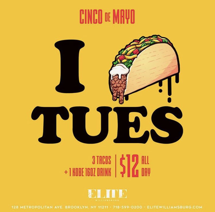 elitebk128's tweet photo. CINCO DE MAYO 🌮 
⁣
3 TACOS + 16OZ KOBE SIZE DRINK  $12⁣
⁣
ELITE WILLIAMSBURG ⁣
⁣
#tacotuesday #cincodemayo #togodrinks ⁣
#nycfooddelivery #EliteWilliamsburg 🔥⁣
⁣
⁣ https://t.co/2PkPTEUKU0