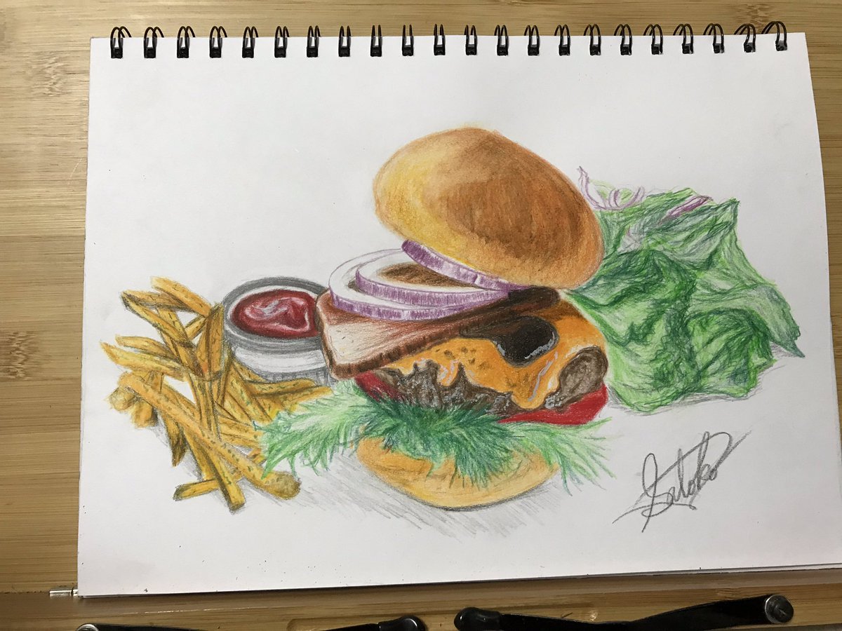 Dianne イラスト デジタルart 色鉛筆画 チョークアート 看板 ハワイアン 仕上がりました ケチャップと厚切り と玉ねぎバンズがお気に入り 食べ物 カフェメニュー コナズカフェ ハワイアンハンバーガー 食べ物イラスト ハワイアン