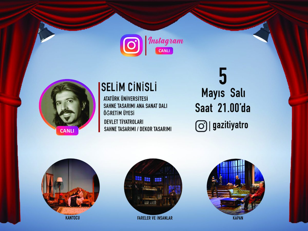 Evde kalalım ama öğrenmekten de geri kalmayalım. Bu canlı yayında Selim Cinisli sahne ve dekor tasarımı konusunda bilgiler verecek ve deneyimlerini bizlerle paylaşacak.🎭🎭 5 Mayıs Salı günü saat 21.00'da buluşmak dileğiyle. Sanatla kalın 🎭🎭