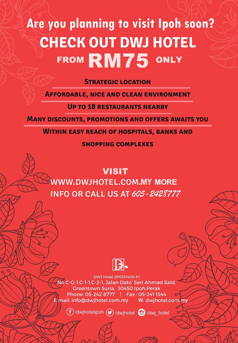 DWJHotel's tweet photo. Good morning!
We still have rooms available for today.

Single Room - RM 75.00
Standard Room - RM 108.00
Superior Standard - RM 118.00
Deluxe Room - RM 128.00
Family Room - RM 140.00

For reservations, call us at 05-2428777 or visit https://t.co/tvpNssPSTb
#hotel #hotelipoh https://t.co/19Mz4kAS7w