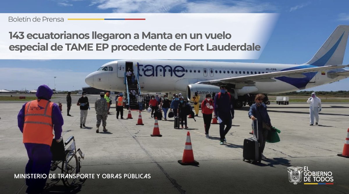 📍📰[BOLETÍN] 143 ecuatorianos llegaron a Manta en un vuelo especial de <a href="/Tame_EP/">Tame EP Ecuador</a> procedentes de Fort Lauderdale. Conoce más de esta información en ➡️ bit.ly/2xz2ujI #AEcuadorLoSacamosTodos #JuntosEcuador