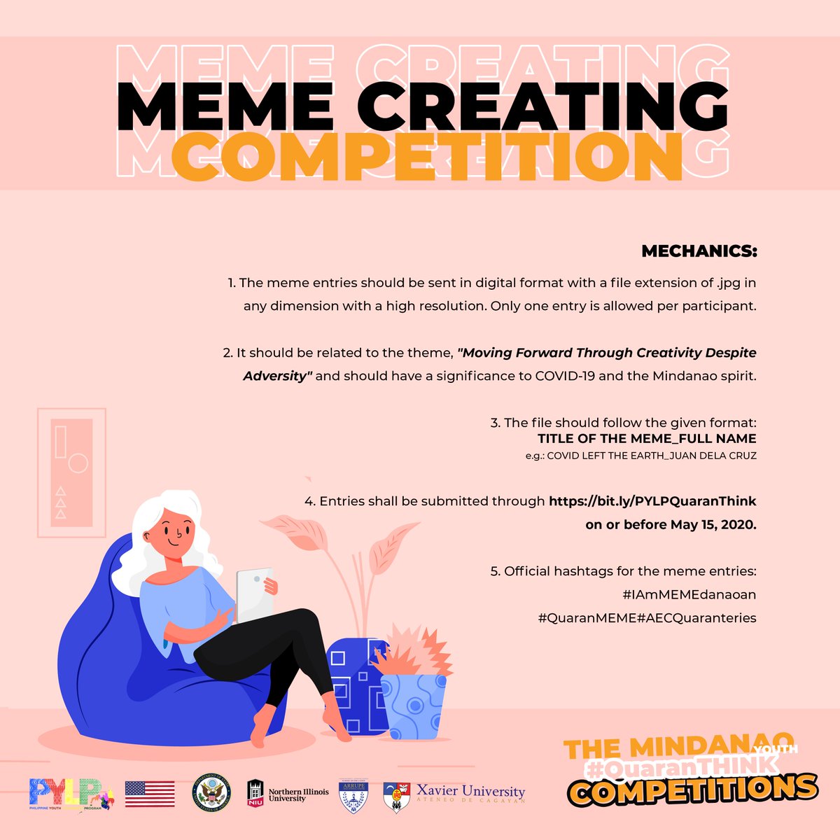pylp1619's tweet photo. The PYLP SPIRIT is not taking a break. Here is an innovative way of bringing out the creativity of the Youth in Mindanao. Join the QuaranTHINK Competitions online! Check the https://t.co/T1mDSt1FYE for more information. #pylp #ILeadForMindanao https://t.co/rzwhDlVUcQ
