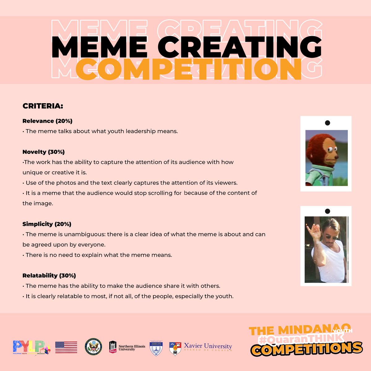 pylp1619's tweet photo. The PYLP SPIRIT is not taking a break. Here is an innovative way of bringing out the creativity of the Youth in Mindanao. Join the QuaranTHINK Competitions online! Check the https://t.co/T1mDSt1FYE for more information. #pylp #ILeadForMindanao https://t.co/rzwhDlVUcQ
