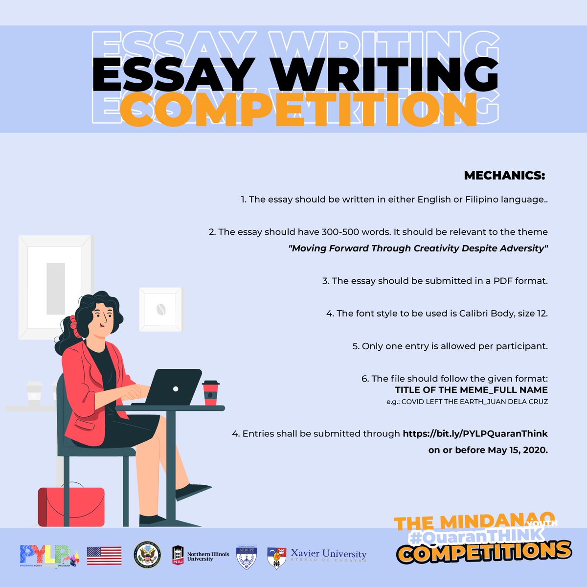 pylp1619's tweet photo. The PYLP SPIRIT is not taking a break. Here is an innovative way of bringing out the creativity of the Youth in Mindanao. Join the QuaranTHINK Competitions online! Check the https://t.co/T1mDSt1FYE for more information. #pylp #ILeadForMindanao https://t.co/rzwhDlVUcQ