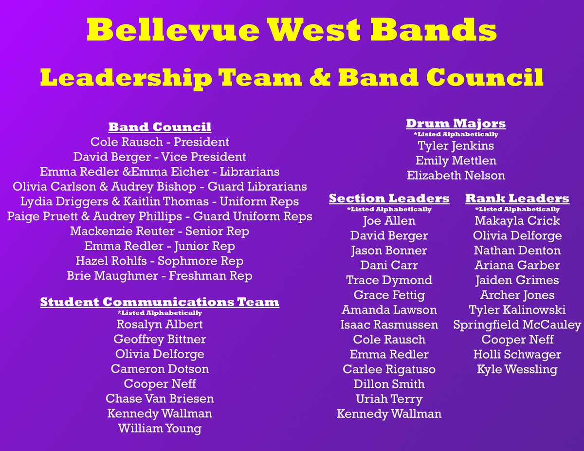 BWHSBand's tweet photo. Congratulations to the @TbirdEMPIRE band Leadership Team and Band Council!  Good job to all that applied! #bpsne #bpsbands @NEBandmasters #betterBandsForNebraska https://t.co/4OIOclJARE