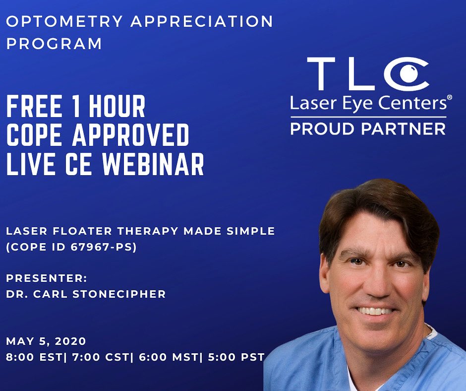 #TLCLaserFreeCE - Pls Share to support those who need live CE credits in #Optometry. Dr. Karl Stonecipher speaks on Laser Vitreolysis on 5/05 eve (Reg👉bit.ly/2SjsaIi) Don’t miss it! #WeAreInThisTogether #StrongerTogether <a href="/DrBridgitte/">Bridgitte Shen Lee</a> @pismoeyedoc <a href="/Intrepid_Eyes/">Intrepid Eyes</a>