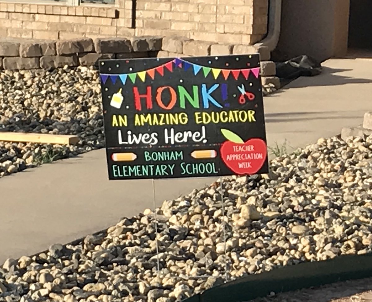 Having fun putting signs in our awesome teachers’ yards!  Happy Teacher Appreciation Week to our amazing educators!  <a href="/RattlersRock/">Bonham Elementary</a>