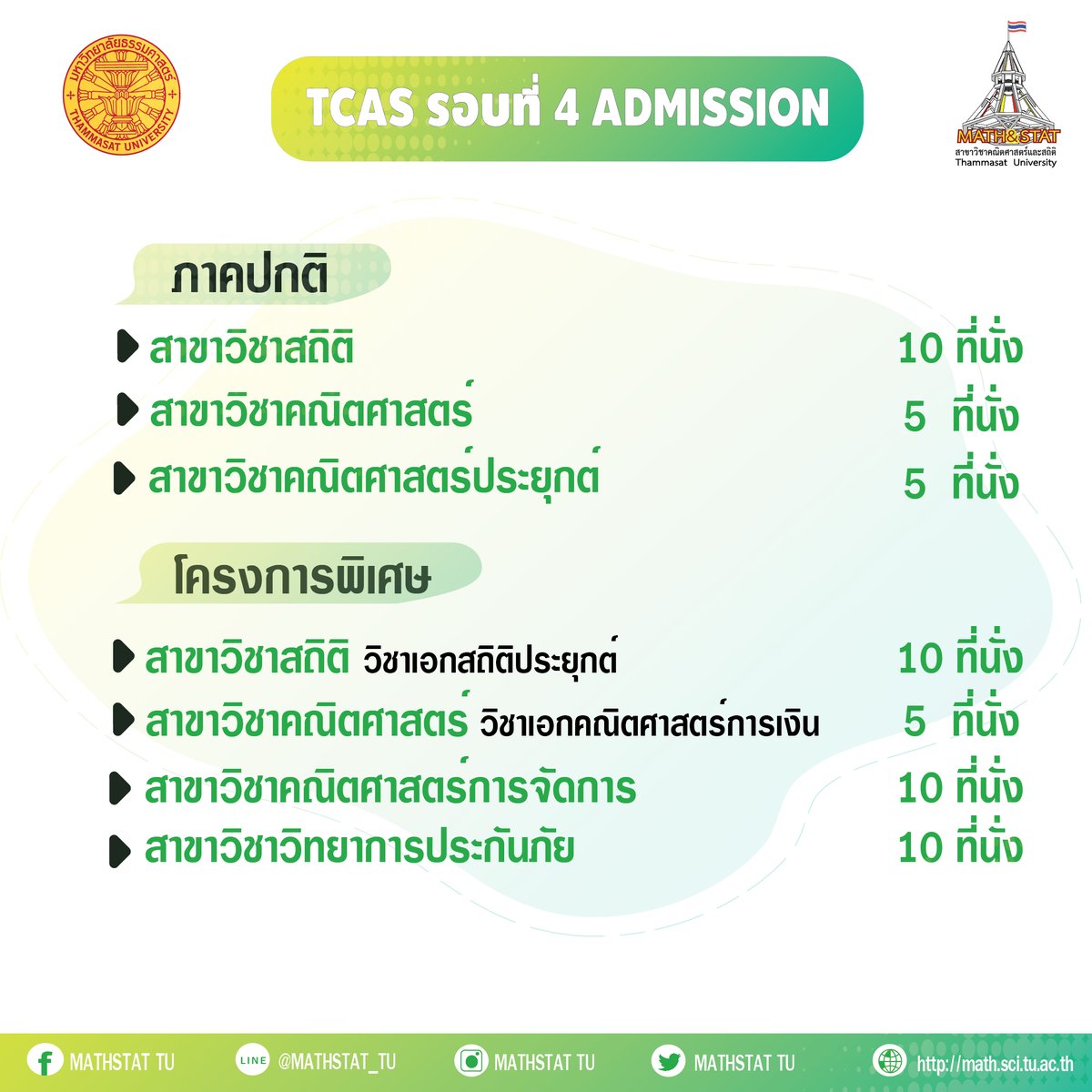 Mathstat_tu's tweet image. MATHSTAT TU เปิดรับสมัคร!!!! 
TCAS รอบที่ 4 Admission
ระดับปริญญาตรี ปีการศึกษา 2563
สาขาวิชาคณิตศาสตร์และสถิติ มธ.
🗓 รับสมัคร 7- 20 พ.ค. 2563
mytcas.com
Open bookศึกษารายละเอียดเพิ่มเติมได้ที่
tuadmissions.in.th/img/2020050420…
#TCAS63
#Admissionรอบ4
#MATHSTAT
#THAMMASAT