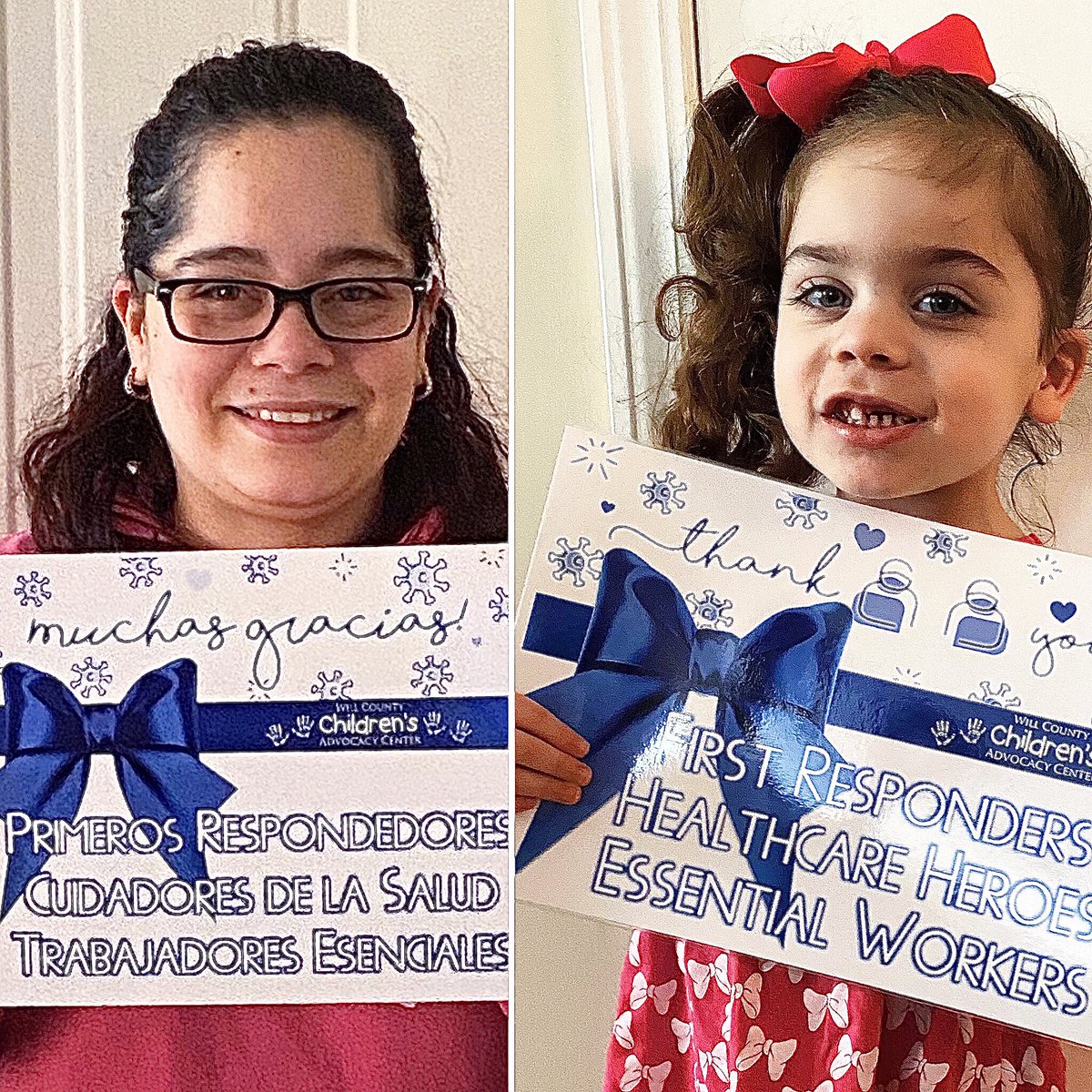 WillCountyCAC's tweet photo. La defensora de familia Gloridy Taloff,MA y su hija Mi Isabella les dan muchas gracias a los primeros respondedores, profesionales de la salud, y trabajadores esenciales. #PrimerosRespondedores #HéroesDeLaSalud #TrabajadoresEsenciales #MuchasGracias #Covid19 #CintaAzul https://t.co/hYAc5yvBgn
