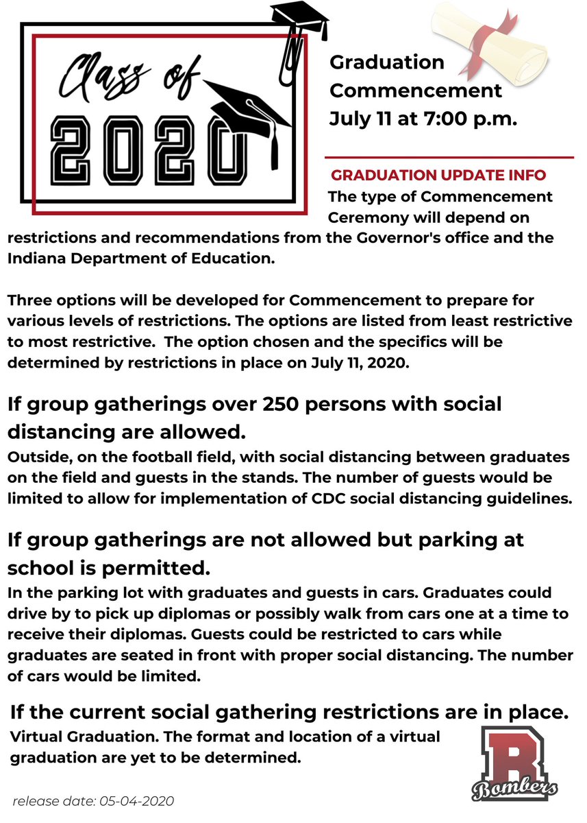 RCSC_Bombers's tweet photo. Class of 2020 Graduation Commencement Date- July 11. More information will be provided as RCSC receives guidance from the Governor's office and the IDOE. https://t.co/E77bd3Z05y