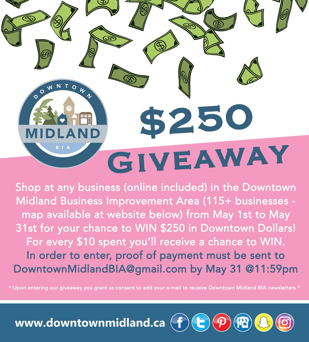 Shop at any business (online included – ex. e-gift card &amp; e-commerce) in the Downtown Midland Business Improvement Area (115+ businesses) from May 1st - May 31st for your chance to WIN $250 in Downtown Dollars! downtownmidland.ca/events

BUSINESS OPERATIONS: downtownmidland.ca