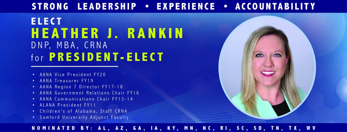 In 1 day, 1 united AANA can happen! #experienceandleadership do this! MBA &amp; TR provide solid finance &amp; business background . TY to my mentors, esp my mom, a ret CRNA &amp; 13 states that nominated me! Vote tomorrow for Rankin AANA PE #experiencematters #strongleadership #VoteRankinPE