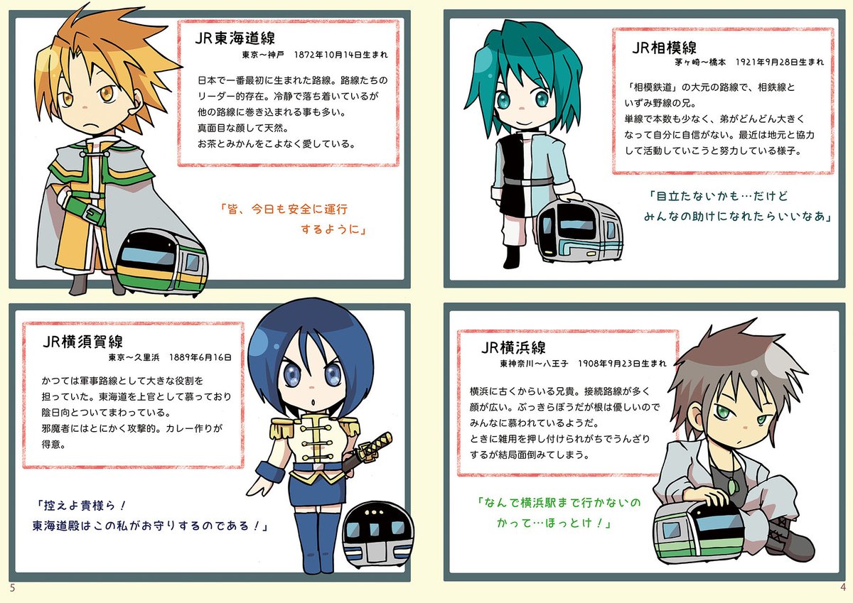 【鉄道擬人化】きょうのろせんず【web再録】(1/4)
2017年に描いた鉄道擬人化キャラ紹介本が残り少ないのでweb公開します。フォントやわかりづらい表現をちょっと直しました。2017年の情報なので今とちょっと違うと思います。新しい紹介描きたいね。 