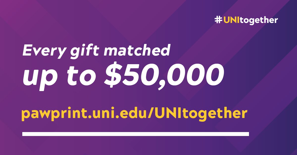 GiveToUNI's tweet photo. Today, we unite to help our students who are experiencing financial hardship due to COVID-19. Please consider a gift today, as our board of trustees will personally match up to $50,000 raised with gifts to the UNI Annual Fund. #UNItogether
👉 https://t.co/TorBdraMUs https://t.co/r0qUUWYMN9