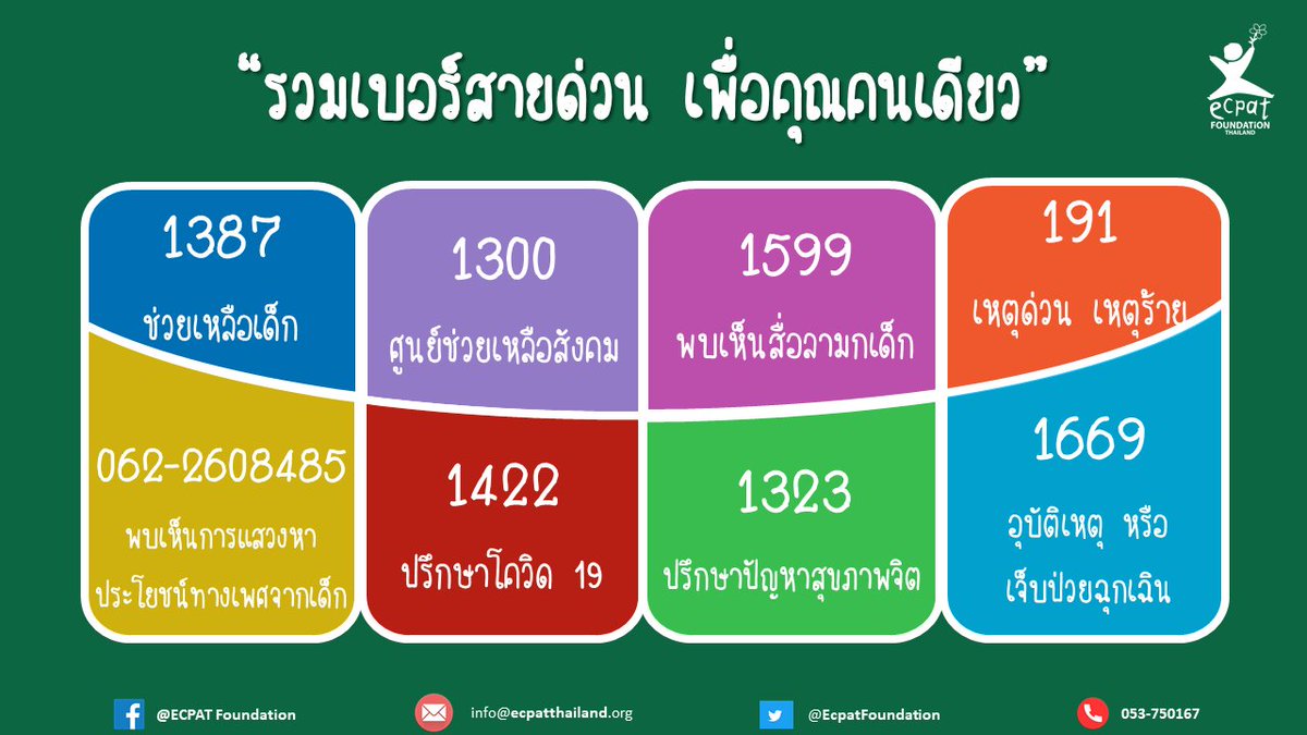 EcpatFoundation's tweet photo. หากคุณมีปัญหา เบอร์เหล่านี้อาจจะช่วยคุณได้
#childprotection #endchildsexualexploitation #children #ECPATfoundation https://t.co/VXwcQBALbr