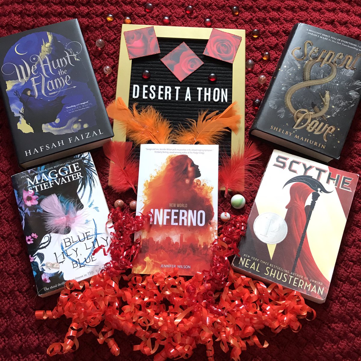 booksahoot's tweet photo. @DesertAThon Here is my tbr! Warm word-New World Inferno, Red Cover-Scythe, Monsters in book- Serpent &amp; Dove, Desert Vibe- We Hunt the Flame, Flower on Cover- Blue, Lily, Lily, Blue #desertathon https://t.co/e9iWXzuo12