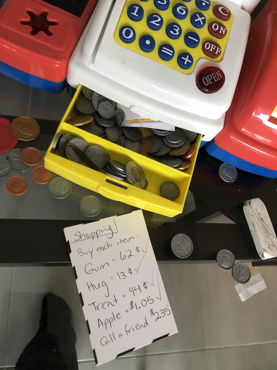 mrsgoldwasser's tweet photo. My gr 1 kid is learning about money. Is it wrong that I make her buy treats, hugs, call a friend? She’s catching on quick &amp; uses a hundreds chart as tool 2 help her. We also decorated  cupcakes (each topping had a diff price). My Gr 7 &amp; Gr 5 kids are getting in on the fun! https://t.co/W5vvMCKnPR