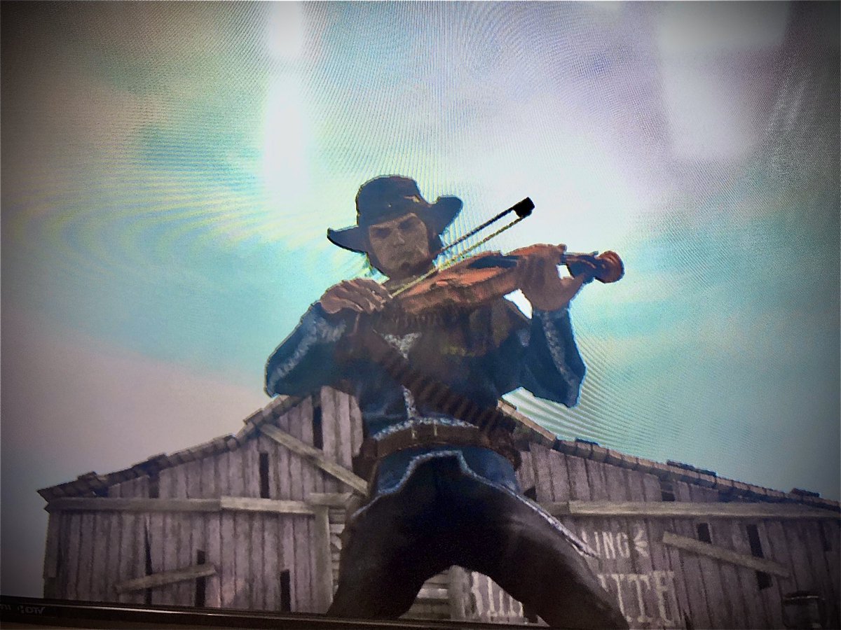 So now you know what legendary bounty hunter Red Harlow was doing between the events of  #RedDeadRevolver and  #RedDeadRedemption2:learning to play the fiddle. #RedDeadRedemptionMultiplayer