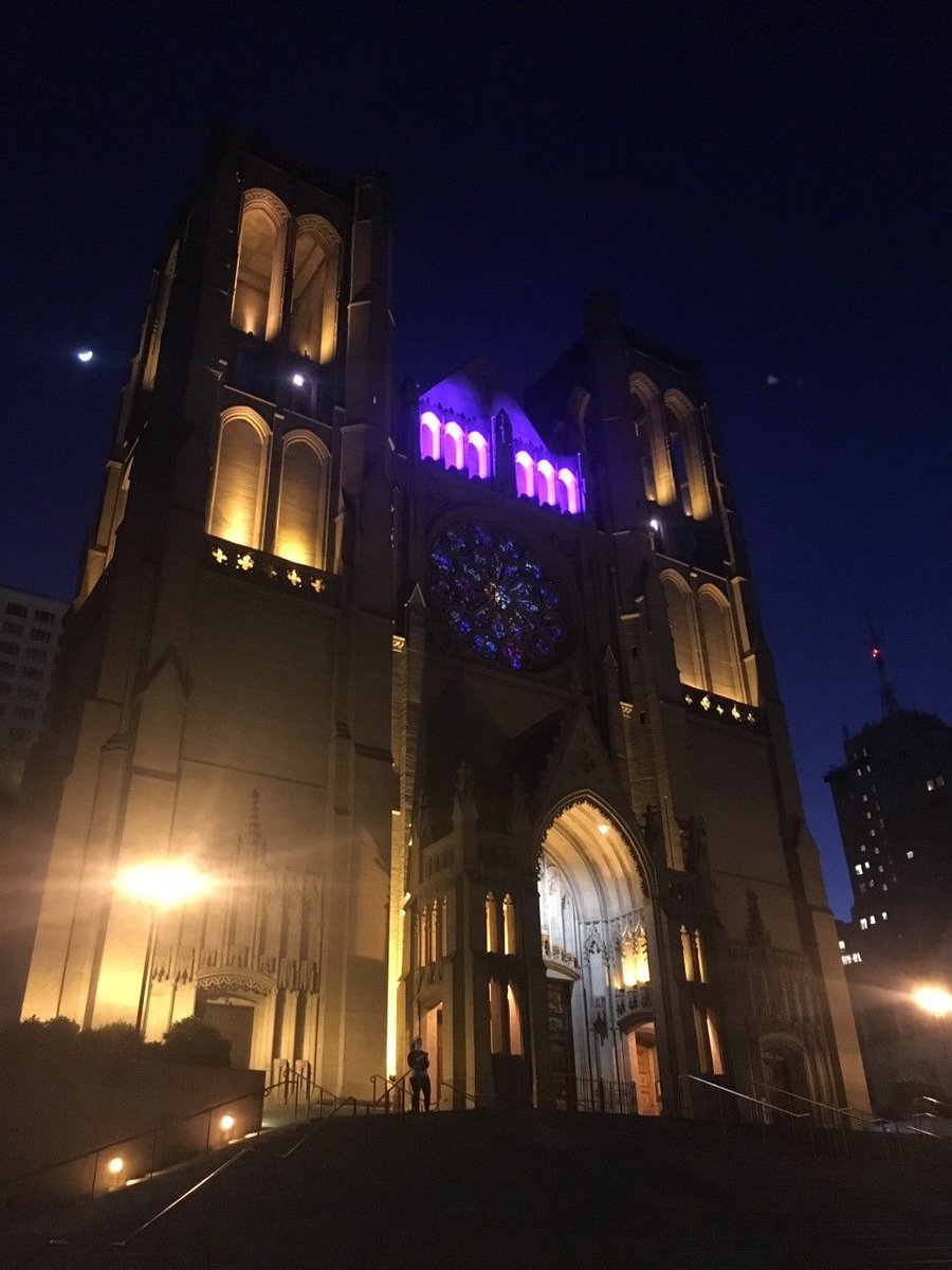 gracecathedral's tweet photo. For everything #hospitality workers do to help #SanFrancisco  and cities all over the world sparkle - @gracecathedral is lighted purple for you. Stay safe, dear friends.  #graceislove

#graceisonline https://t.co/idFlpOy5Q9 https://t.co/pTqoRiuz3e