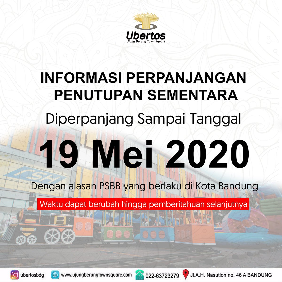 ubertosbdg's tweet photo. Informasi perpanjangan penutupan sementara diperpanjang sampai tanggal 19 Mei 2020 ya #ubertos https://t.co/tvx7jIMgif