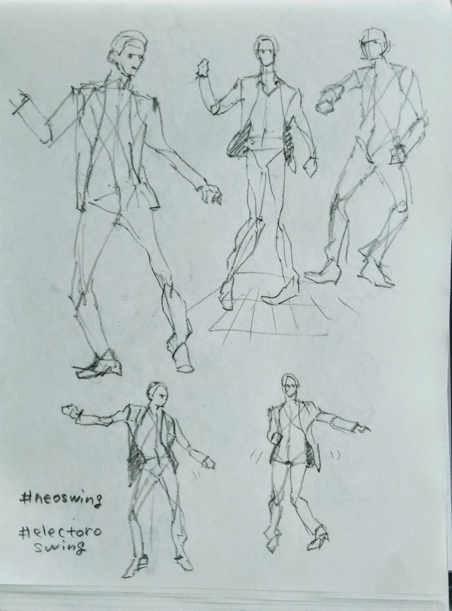 neoswingとかエレクトロスウィングで検索するとスーツでダンスする男たちの最高な画像がたくさん出くると知ったのでお絵描き練習がてら掘ってる 