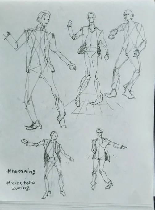 neoswingとかエレクトロスウィングで検索するとスーツでダンスする男たちの最高な画像がたくさん出くると知ったのでお絵描き練習がてら掘ってる 