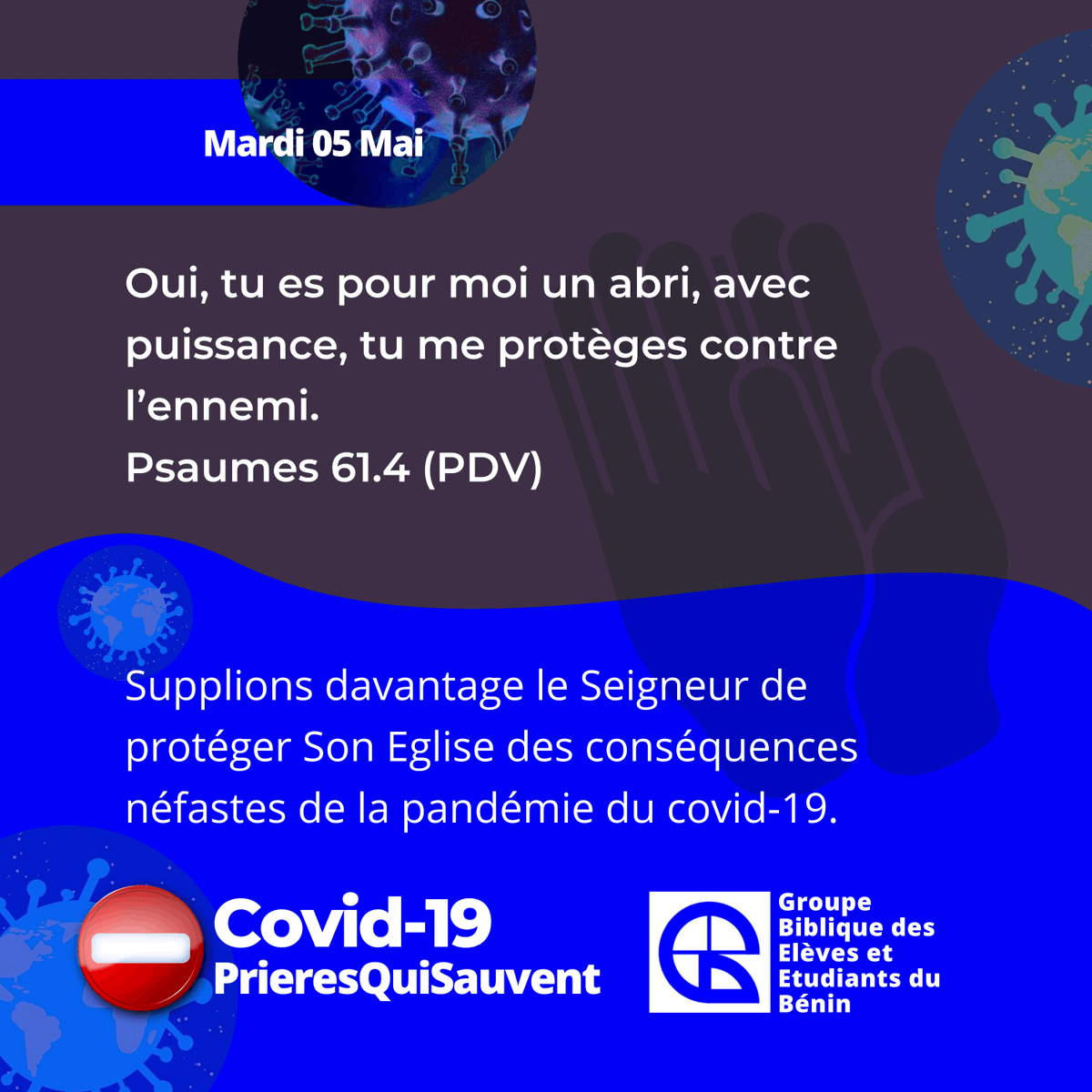 GbeebBenin's tweet photo. Prières Qui Sauvent I Covid19

Mardi 05 mai 2020

Supplions davantage le Seigneur de protéger Son Eglise des conséquences néfastes de la pandémie du covid-19.

#Covid19 #Covid19bj #GestesQuiSauvent #PrieresQuiSauvent #CoronaVaincu #Gbeeb https://t.co/JTuAtO5T7P