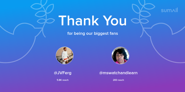 ceejaywinston's tweet photo. Our biggest fans this week: JVFerg, mswatchandlearn. Thank you! via https://t.co/LkQqto7puq https://t.co/Pqr8minwcB