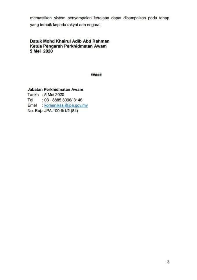 [KENYATAAN MEDIA]

Pejabat Kerajaan Beroperasi Dengan Kehadiran Yang Berpadanan Semasa Perintah Kawalan Pergerakan Bersyarat (PKPB)

Sumber: <a href="/jpagov/">Jabatan Perkhidmatan Awam 🇲🇾</a>

#COVID19
#KitaTeguhKitaMenang
#KomunikasiKita
#StayAtHome
#JabatanPenerangan

<a href="/saifuddinabd/">Saifuddin Abdullah 🇲🇾</a> @kkmm_gov