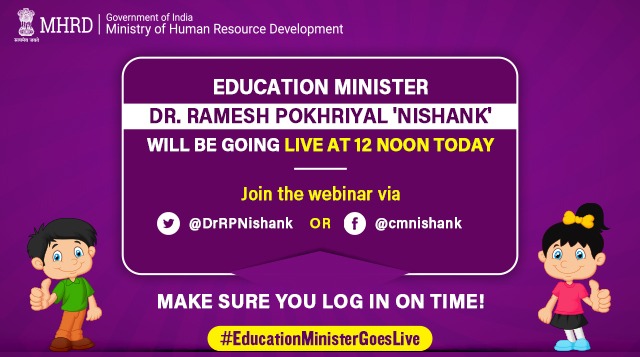Just 2 hours to go!
Students, Education Minister <a href="/DrRPNishank/">Dr. Ramesh Pokhriyal Nishank</a> is all set to respond to your queries related to #COVID19 crisis &amp; more! #EducationMinisterGoesLive
You can join him via Twitter (<a href="/DrRPNishank/">Dr. Ramesh Pokhriyal Nishank</a>) or Facebook (<a href="/cmnishank/">CMN</a>) at 12 noon.