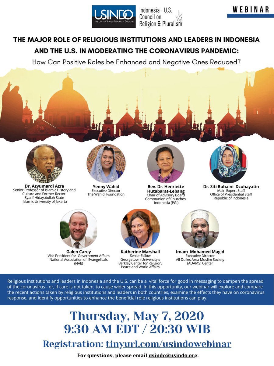 USINDO's tweet photo. USINDO and the US-Indonesia Council on Religion and Pluralism cordially invite you to join our Bi-National Webinar on Thursday, May 7, 2020.
To register kindly click: https://t.co/TQB0iAzMX6
#religion #pluralism #usindo #council #binational #unitedstates #indonesia #moretogether https://t.co/YT5mwDlORs