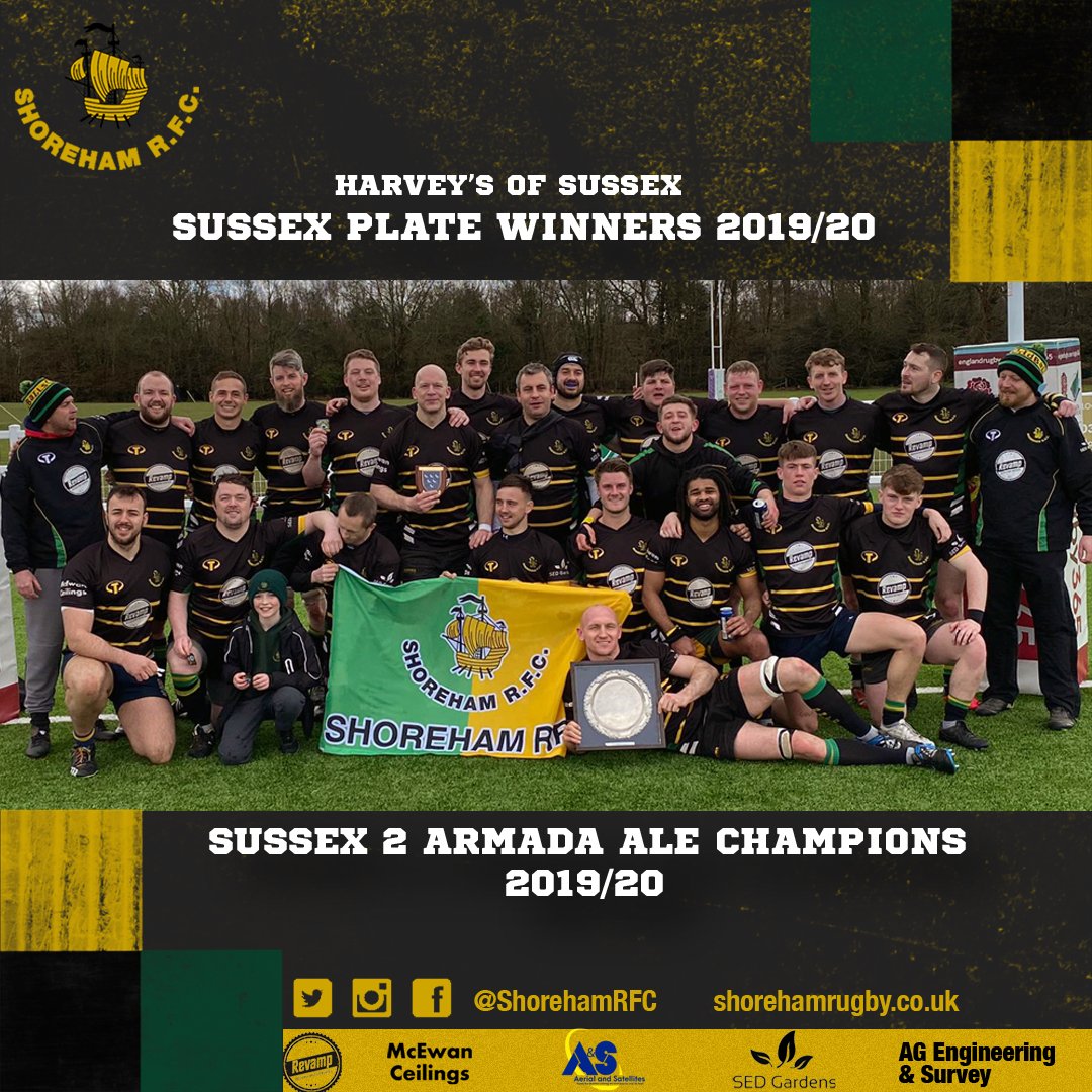 ShorehamRFC's tweet photo. We're very pleased and proud to announce that the Seniors team have been confirmed as joint league winners of @Harveys1790 Armada Ale Sussex Division 2 - meaning that they achieved a historic league and cup double! #shoreham #shorehambysea #rugby #sussexrugby #westsussex #sussex https://t.co/q0FGLSKhao