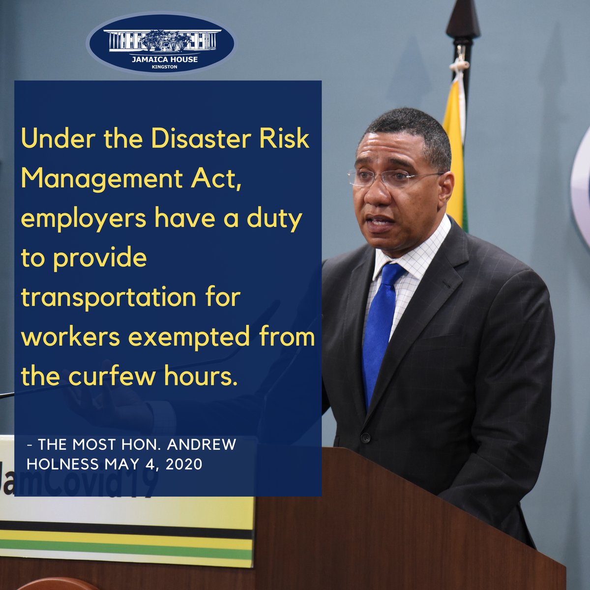 Andrew Holness On Twitter Under The Disaster Risk Management Act Employers Have A Duty To Provide Transportation For Workers Exempted From The Curfew Hours Covid19response Covid19jamaica Beatcovid19 Https T Co K3oic0ajk5