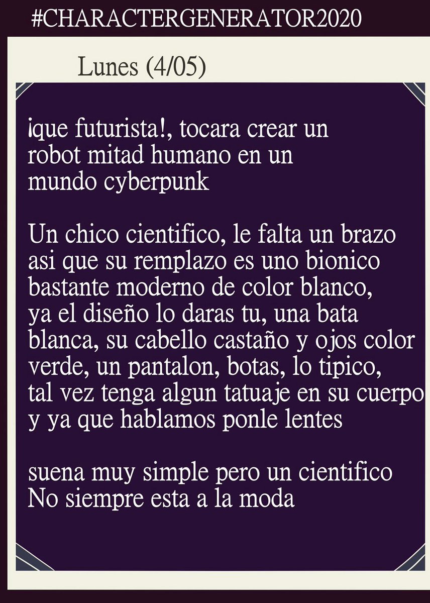Camsirx's tweet photo. Lunes  (4/05)
#CharacterGenerator2020 https://t.co/IoHp16L3rx