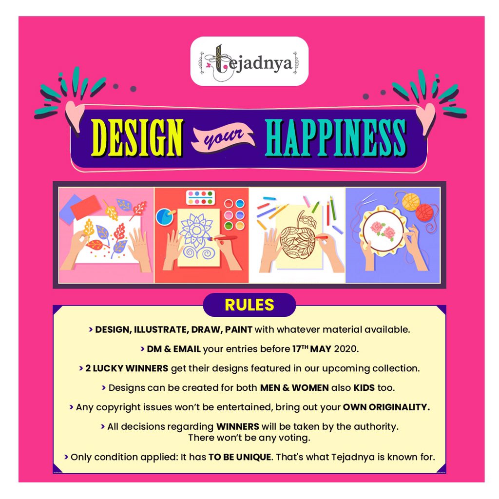 tejadnya's tweet photo. This quarantine design your happiness,
and yes win a chance to get featured in our upcoming Tejadnya collection!

Let your creativity get recognition. Make your own unique design and send it to us.

#tejadnya #designyourhappiness #unique #lockdowncreativity #tuesdayvibes https://t.co/PqCNBtt2gq