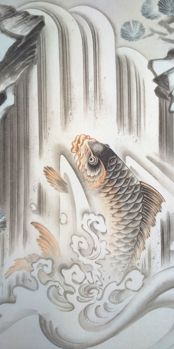 鯉の滝のぼり/登竜門図』です。 額装用 紙本墨絵に淡彩 約60×45cm