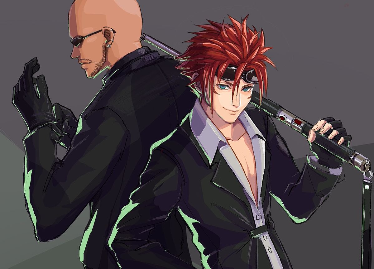 multiple boys bald gloves weapon over shoulder 2boys red hair over shoulder  illustration images