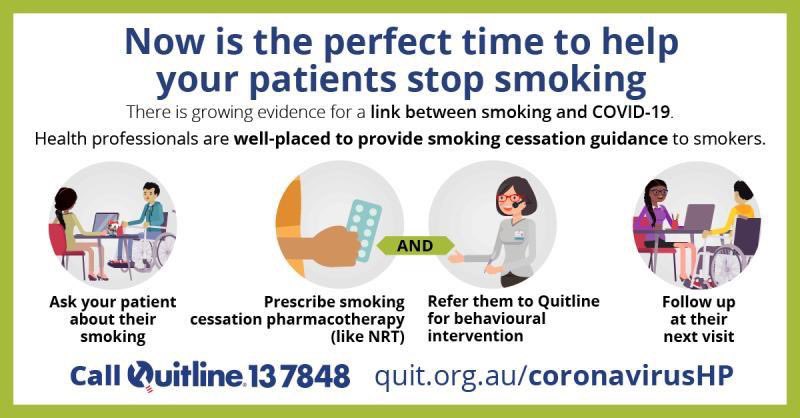 Early evidence suggests smoking or vaping places you at higher risk from #coronavirus infection, and worse outcomes if you are infected. 

Quitting now offers the best possible #health benefits for you, and those around you.

#COVIDー19 #auspol <a href="/VicHealth/">VicHealth</a> <a href="/quitvic/">Quit</a>