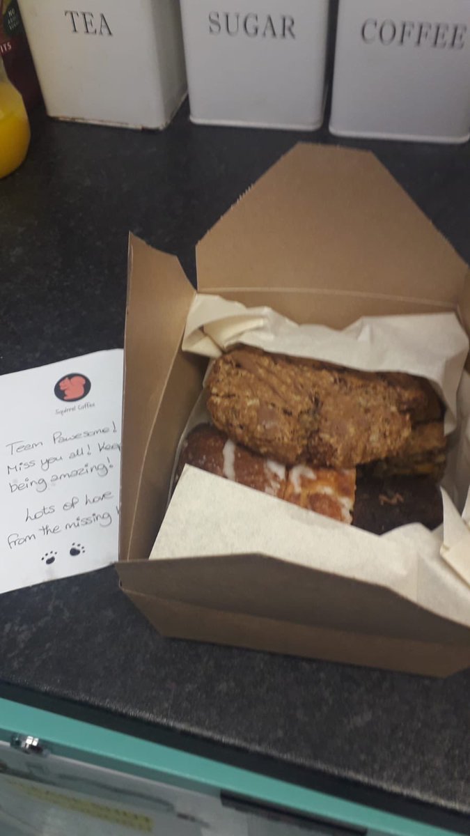 Formbyvets's tweet photo. @SquirrelsCoffee thanks for the delivery, kindly ordered for ‘Team B’ by our lovely ‘Team A’ who are currently at home. We’re missing all being together but this has cheered us up immensely! Soooo tasty 😋😍 https://t.co/sbvfPjwvAA